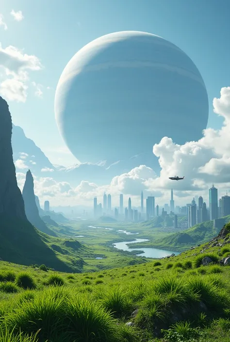  create a vision of a perfect planet with a surface with vast green grass trimmed on the surface , sheets are rounded buildings and ultra-modern cities on the surface,  sky with a dense light blue atmosphere ,  surreal image, sheets no alto da imagem, In t...