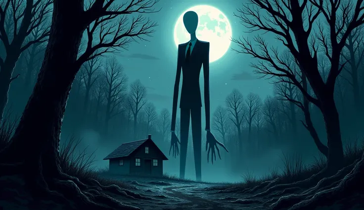 Slenderman extending his long tentacles toward a lonely moonlit cabin. comic style