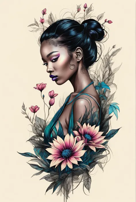 the image depicts a stunningly beautiful chiaroscuro technique on sensual illustration of an elegant african (long hair), a vibr...