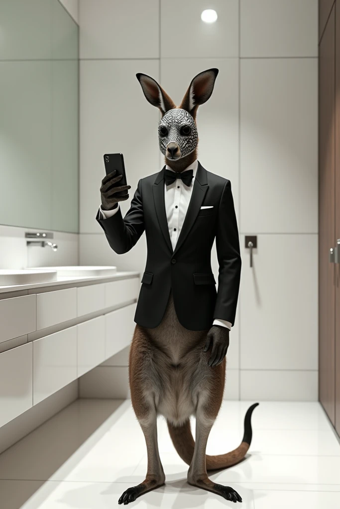  Visualize a kangaroo in a modern bathroom ,  with shiny white tiles and a large mirror above the sink . The kangaroo is standing ,  holding a mobile phone in one hand ,  ready to take a selfie .  He wears the iconic outfit of DJ Boris Brejcha ,  with a bl...