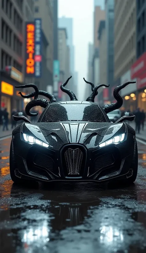 "A futuristic car that is a fusion of Venom and a Transformer, set in a dark, gritty city. The car has a sleek, menacing design in black with white accents resembling Venom’s iconic appearance. The vehicle features organic, tendril-like structures wrapping...