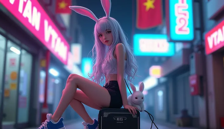  Ultra Realistic Photography，A long-haired, half-human, half-robotic asian girl sits on a tech charging bin。 Her hair is silvery white ，Curly and fluffy ， with bunny ears on her head 。 Shes wearing a top 、 black shorts and blue shoes ， and a bow decoration...