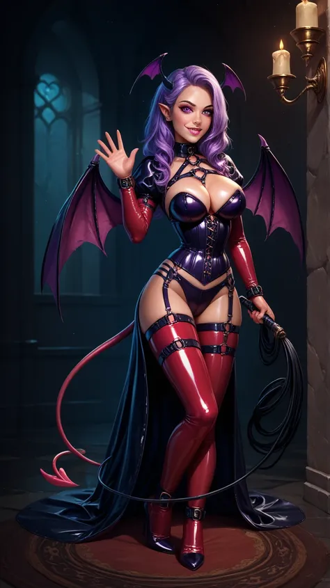  Young Beautiful Woman ,( best quality, very detailed depiction, Incredibly Absurd High Resolution ,Curvaceous Body,Beautiful legs),( Skin Like Pottery ),( succubus, shiny latex, Corset ,Bondage),(Purple Eyes,There is cleavage in the chest, bewitching smil...