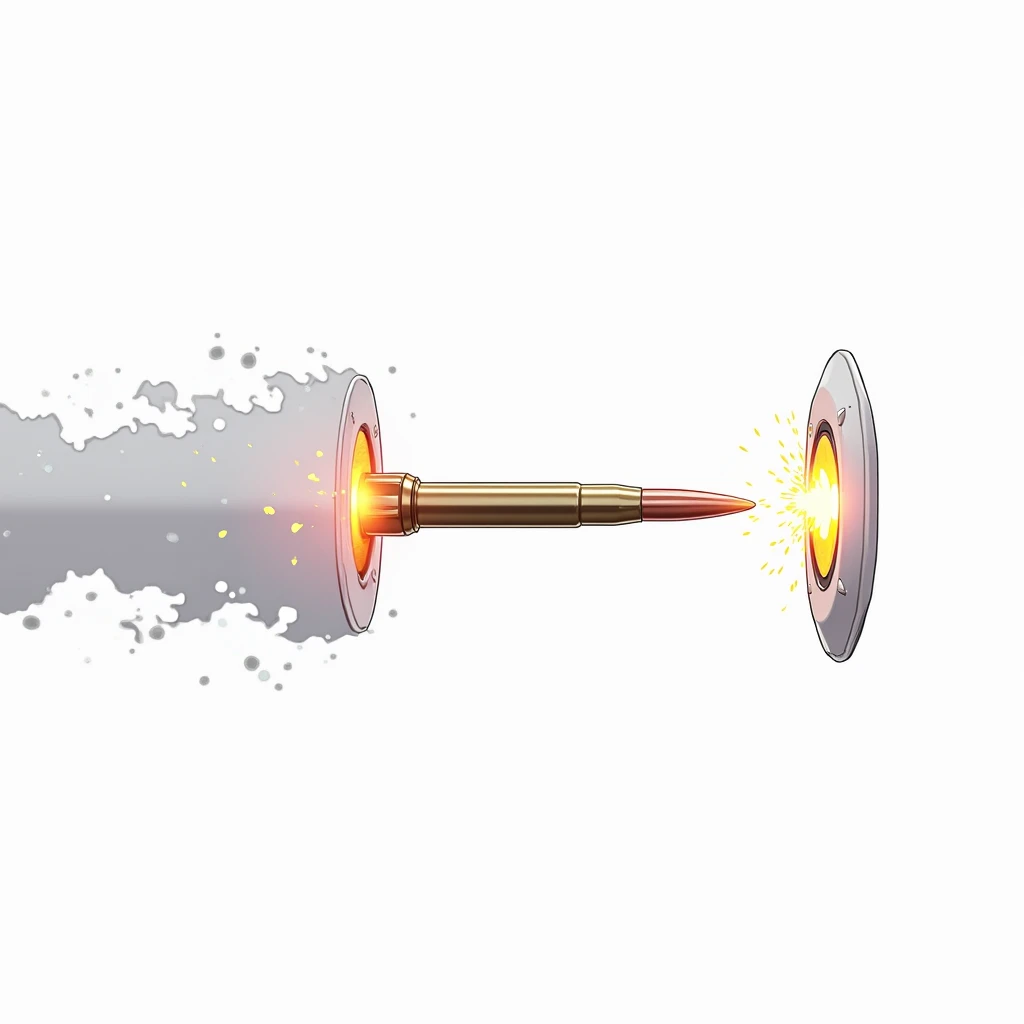  anime style . A rifle bullet passing through a white energy shield and stopping at a second white energy shield parallel to the first. 