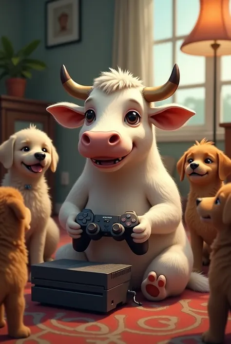 Cow playing video games with the dogs 