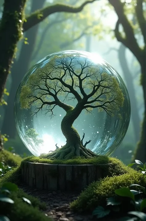 A crystal ball with a dry tree in the middle of a forest