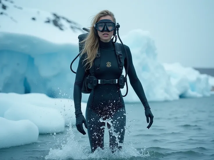 Sexy scuba diver girls wearing  scuba gear and sexy tight leotards smashing Antarcticas  ice running out of air and emerging to surface noticed that there is no air to breathe in the atmosphere  and they panicked when they  understand that they  cant breat...