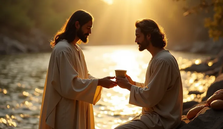 A peaceful riverside scene where Jesus Christ offers a cup of water to the man kneeling before him. The flowing river sparkles in the golden light of the setting sun. Nearby, a loaf of bread is placed on a stone, symbolizing spiritual sustenance. The man l...