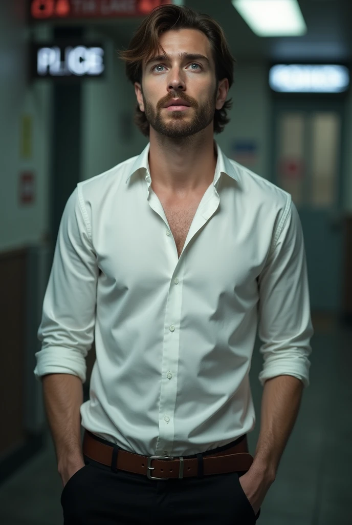 28 year young handsome boy standing in surprise face, with white shirt and black pants, with surprise face, light beard, clear face, background police station scenario