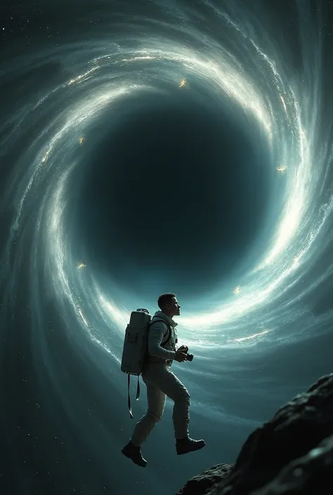 An astronaut in a high-tech white space suit floats near a massive black hole in deep space. The black hole is surrounded by glowing rings of distorted light, creating an intense gravitational lensing effect. The astronaut, a man in his early 30s with dark...