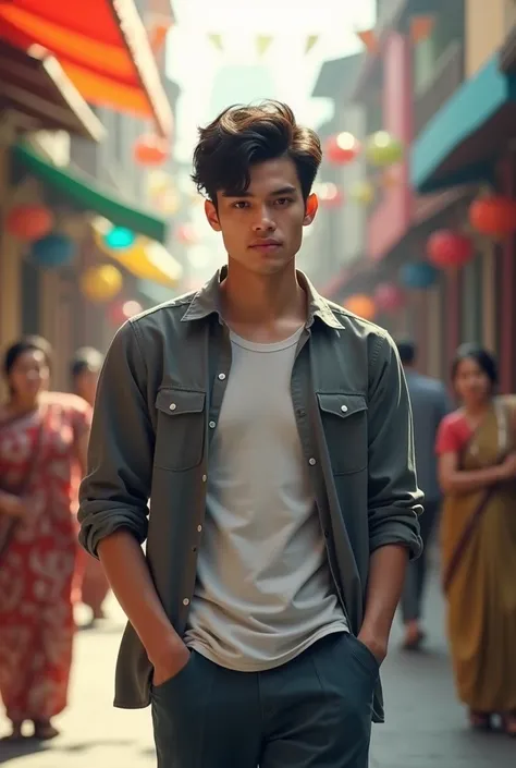 A digitally rendered image of a young man walking down a bustling street, gazing downwards with a serious expression. He has dark, stylishly tousled hair and is wearing a grey button-up shirt over a white t-shirt, with his hands in his pockets. Behind him,...