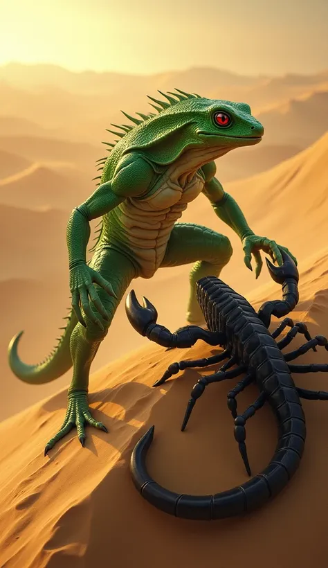 a green gecko fights a black scorpion. a green gecko with bulging muscles like a bodybuilder. on a high sand dune in the middle of a vast desert