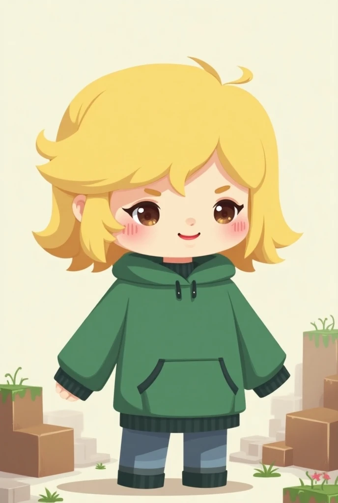 cartoon of a blonde Minecraft doll with a green sweatshirt