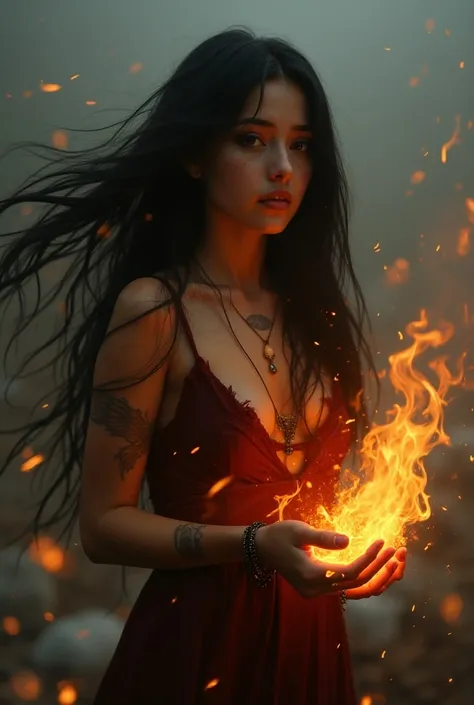  The dark fantasy full body image ,    attractive flea freckled with very long black hair in the wind tatoos in her hands firepower,  her skin shines with effort ,  surrounded by ruins fire flames come out of her hair  ,flashes particles of fire  ,  scream...