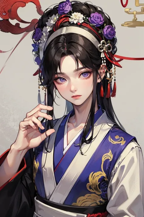 masterpiece, best quality, Detailed Eyes, 1 man, handsome, tall, fit, black hair, purple eyes, Oriental, Black Hanfu, Head, artist:fashionable, [20&#39;s, very small head, Angled chin  ],  shining eyes , pale skin, One adult male , Gorgeous decorations,  b...