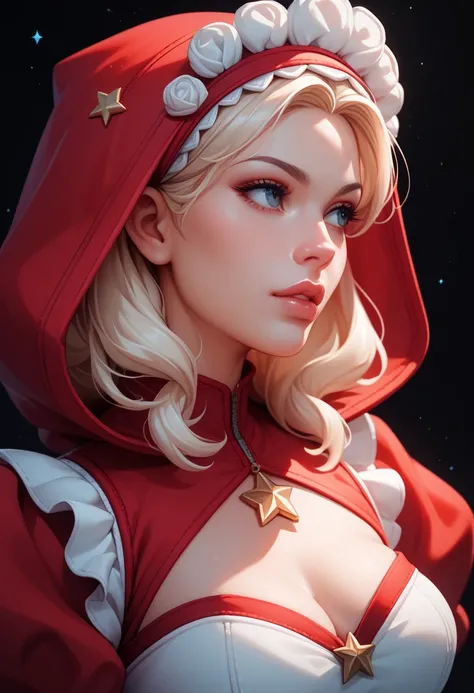 ((extreme detail)),(ultra-detailed), extremely detailed CG unity 8k wallpaper, velvet, figurine, red hood, crop top, star headdress, puffy sleeves, lips, looking away, close-up, head turn, black background