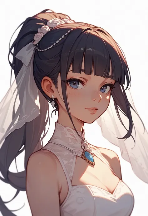 impasto ,(score_9, score_8_up, score_7_up), 1girl, solo, ponytail, blunt bangs,  white  dress, sleeveless, looking at viewer, neutral, upper body, portrait, white background, simple background, anime girl, girl in white, bride, tilted angle