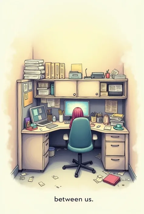 office cubicle drawing asthetic sketch
Cluttered desk 
And at the botton written:Between us
Pastel colours
Nobody sitting on chair