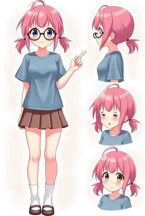 character sheet. beautiful, cute girl with pink hair. Two very low ponytails at the back and bangs . in glasses.  Blue t-shirt and brown skirt white socks. several poses. 