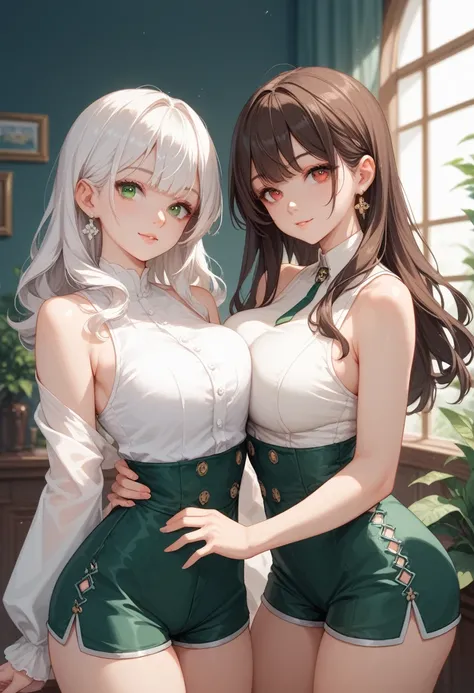 two people +  pale beautiful curvy woman,  bright red eyes , short dark brown hair around the ear and two locks in the front,  dark green short dress up to the chest ,  white top to the neck sleeveless both ;  a black stripe crossing the chest  +  along wi...