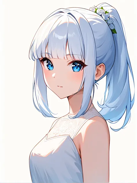 impasto ,(score_9, score_8_up, score_7_up), 1girl, solo, ponytail, blunt bangs, white dress, sleeveless, looking at viewer, neutral, upper body, portrait, white background, simple background, anime girl, girl in white, bride, tilted angle