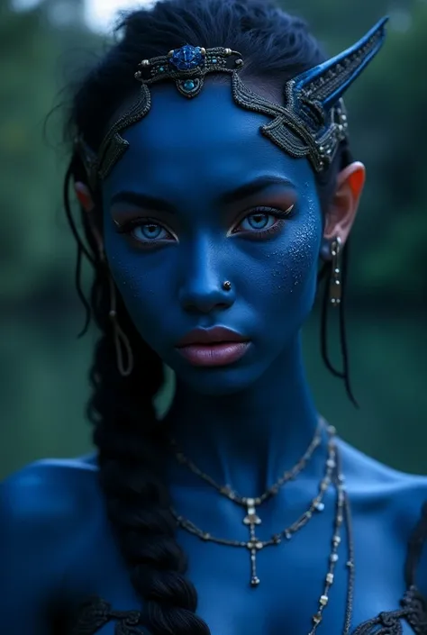 A female native of Pandora .  Blue skin with delicate designs and violet eyes. A clan princess .  Evident and focused face .  Half-open full lips looking at us . scene: Riverside at night .