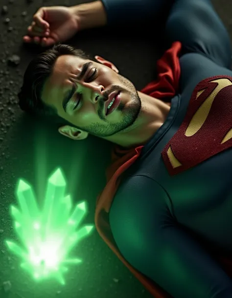 Nicholas Alexander Chavez, An attractive superman is lying on the ground. He has short hair combed back. He has a well-defined jaw, a small beard, he has a sexy and pained expression, his eyes are closed, suggesting that he is unconscious or incapacitated....