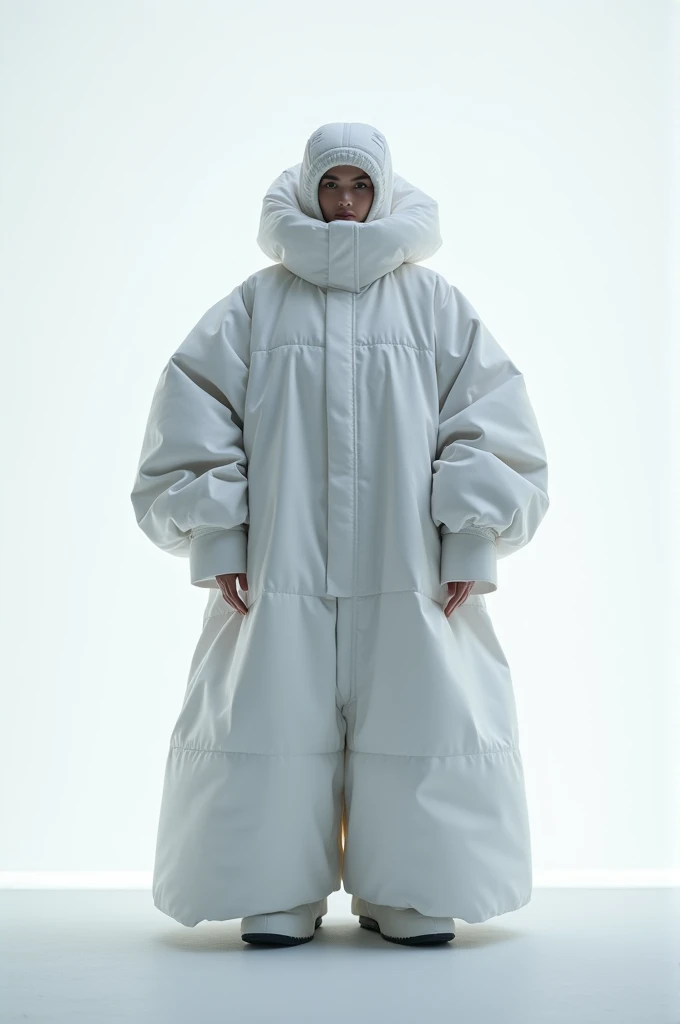 A nike model wearing a oversized full covered snow dress and head and face covered headwear in front of an white screen 