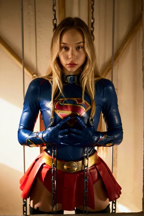 best ALEXIS-REN nsfw, (supergirl, full blue body suit, long blonde hair, red elbow gloves, red gauntlets, black tights, red boots, red skirt, gold belt, really long red cape),blond hair, Long Hair，muscle，anger, In a cage, slave, Chained, good looking, Faci...