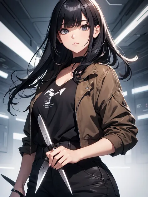  1 girl,  black hair,  split bangs, cool, Man-hating, knife