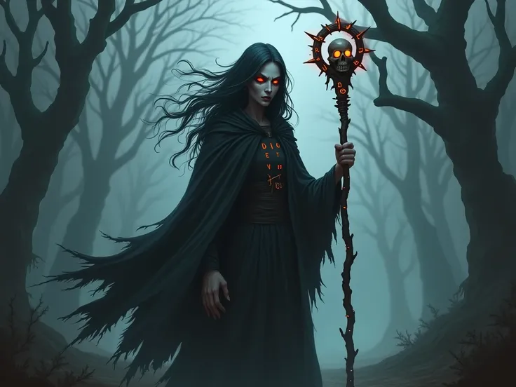 Create an image of a dark and eerie witch standing in the middle of a fog-filled forest. She has a gaunt, pale face with glowing red eyes that pierce through the darkness. Her long, tangled hair is as black as night, flowing wildly around her head. Her bla...