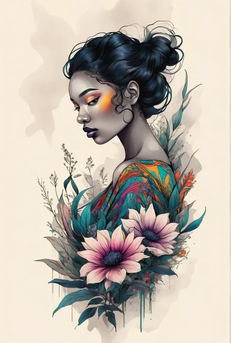 The image depicts a stunningly beautiful chiaroscuro technique on sensual illustration of an elegant aFRICAN (long hair), A vibrant fashion collective, combining Afrofuturist aesthetics with sustainable materials, , vintage , matte eerie, silky matte paint...