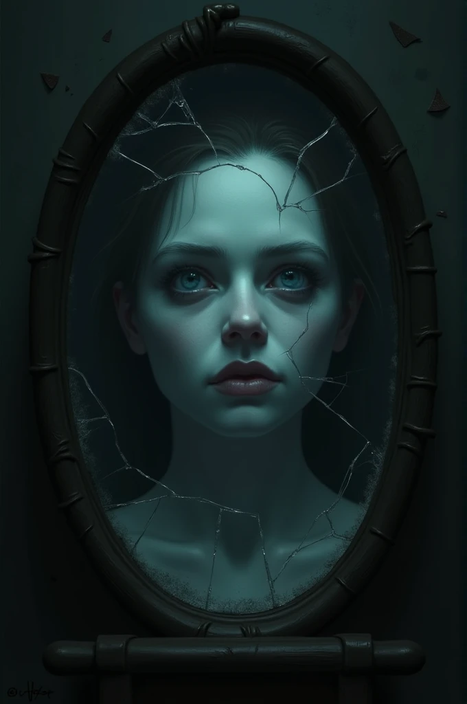 "A cracked mirror reflecting a ghostly pale face, with an unsettling presence in a dark hallway."