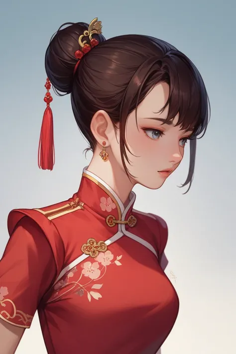 Hair: far away,  black and generally tied in a ponytail or bun ,  arc with a fringe that frames her face .

eyes:  Big and dark brown , typical of anime style.

clothes:  Her most classic garment is a blue and pink Chinese dress with gold details and a bel...