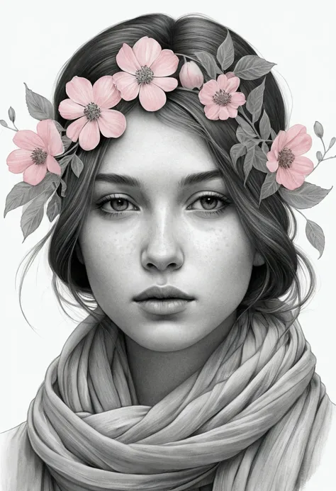 "A grayscale illustration of a young woman with soft, delicate features, looking down with a serene expression. She is wearing a scarf draped over her head, giving her a modest and contemplative look. Surrounding her are intricately drawn floral elements w...