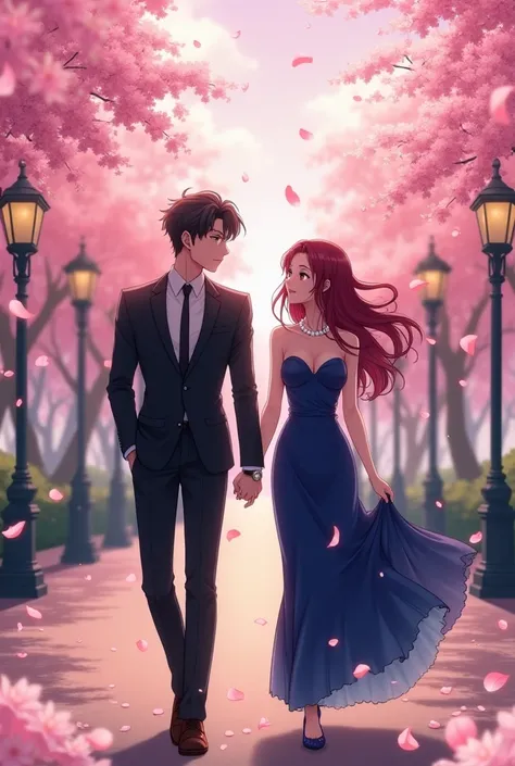 A beautiful anime girl, maroon long hair, deep blue sexy cut short dress, pearl necklace on her neck, a handsome guy, formal black suit getup, watch in wrist, walking with each other happily, in a cherry blossom park, under a lights, lots of cherry blossom...