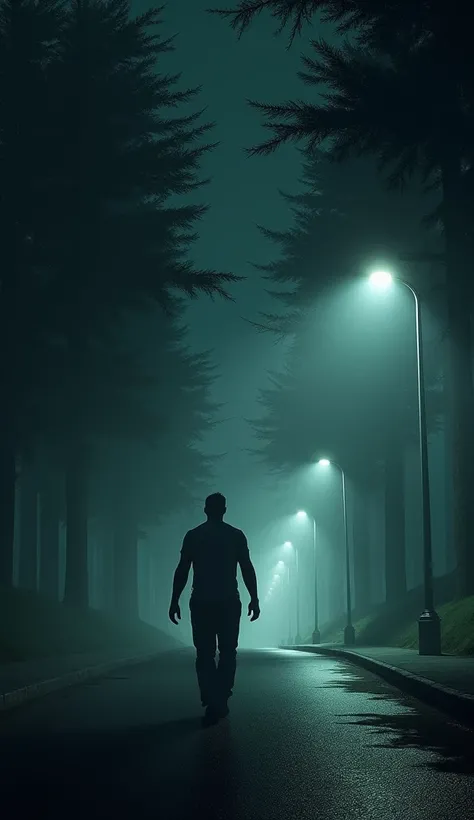 Man walking down a road at night in fear