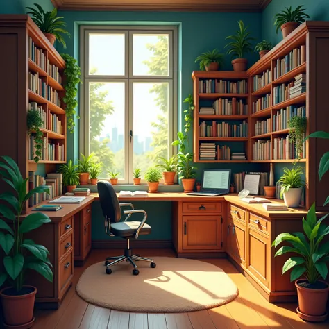 Cozy office with bookshelves and plants on site 