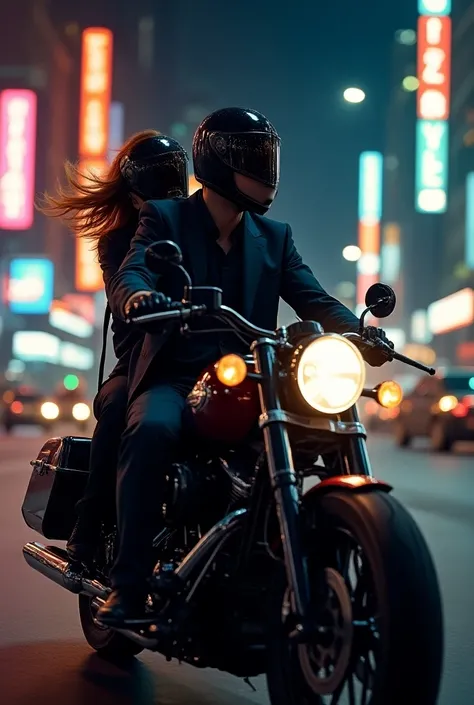 Man rides motorcycle in suit wearing helmet and woman sitting on the back with long hair and helmet at night through New York neon lights fog 