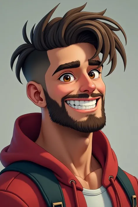 Young boy with an athetical complexion with a beard and modern, degraded and long haircut above with a sporty style of casual clothing with a mesoform body with brown eyes are laugh with uniform teeth and flirty straight hair profiled square face 