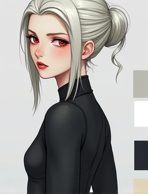  A matured girl with smooth platinum hair ,  tied in a lazy bun high at the top of her head ,  some rebellious threads framing her thin and delicate face,  severe and intelligent scarlet-colored eyes ,  full and pink mouth , short clothes, black and dark ,...