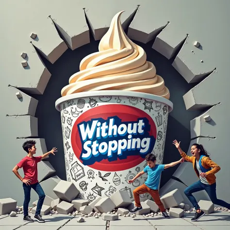  Create a scene where a group of teenagers are breaking a concrete wall ,  dropping fragments and debris ,  and behind the wall emerges a huge jar of ice cream  "Without Stopping ".  The pot must be round ,  in shades of white and gray with a background of...