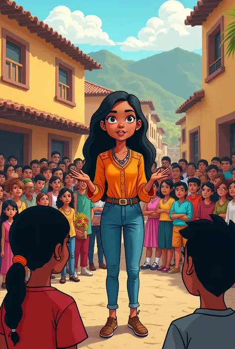 Imagine a girl with indigenous features and modern dress speaking in front of a crowd in a small town in Ecuador like a cartoon 