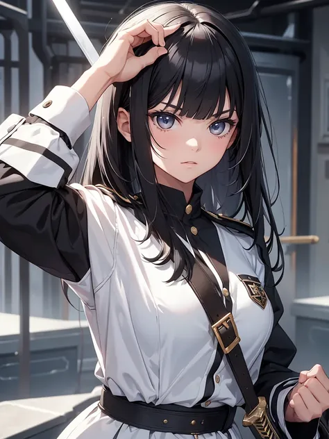  1 girl,  black hair, Lift your bangs, cool, Man-hating, Sword in hand, スcoolユニフォーム, Character portrait, uniform,  deco bangs, 