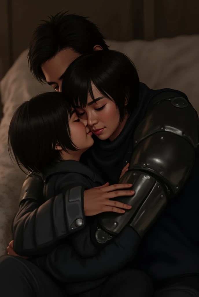 Asian girl with short hair with Bucky Barnes cuddle 