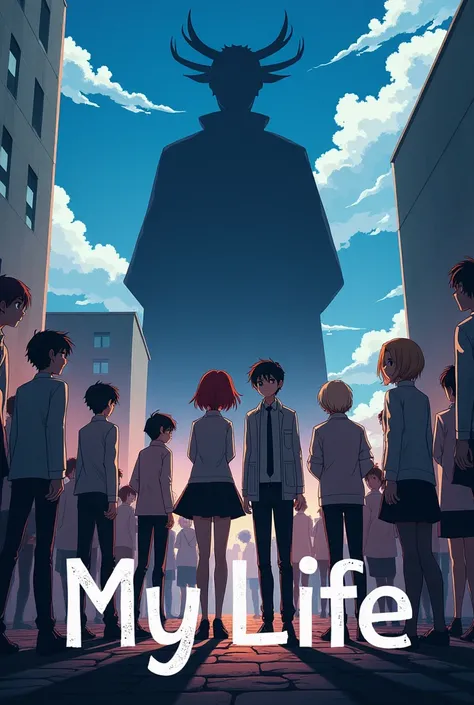 
 A picture of Ma Youma Dejuro and Mai Shoujiko standing in the foreground Surrounded by other students from Tokyo Private School.  Behind Youma and Mai is a silhouette of the head of the system, who is watching them .  font at the bottom of the poster, th...