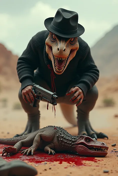 A dinosaur killing a topoiede with a gun in realistic HD
Add a topoiede on the dead floor and the dinosaurs some dino chains to make the environment a desert put a person on the floor dead and the dinosaurs gangster 
Put a black sweater on the dinosaur and...