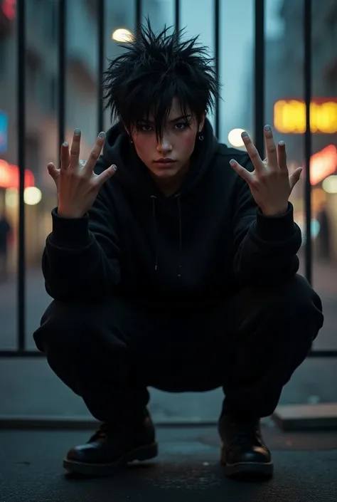 beautiful,  spiked black hair , Look of the jet li , pele morena, Black sweatshirt, V sign with your hands, Extra large_shirt, sweatpants, crouched in front of the fence, Night City,  cyberpunk atmosphere , close, (realistic:1.2), (Ultra-realistic:1.3), ( ...