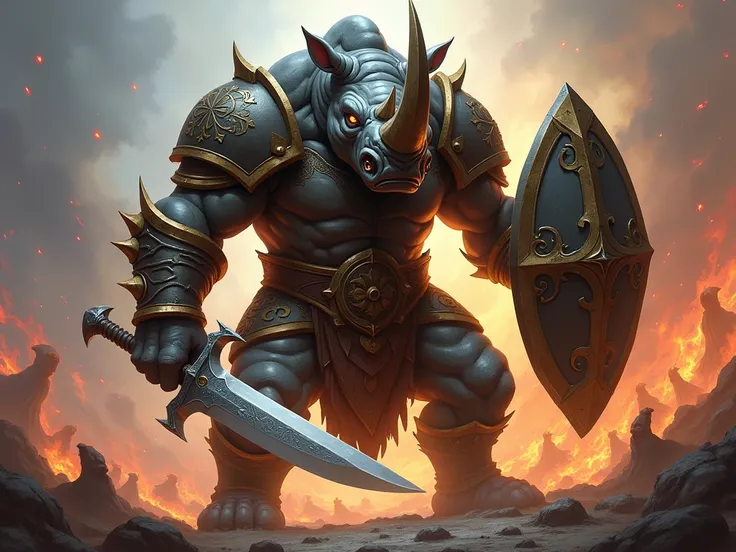 Anthropomorphic humanoid rhino ，knife，Shield，fire，Fantasy，Wizards of the Coast LLC
