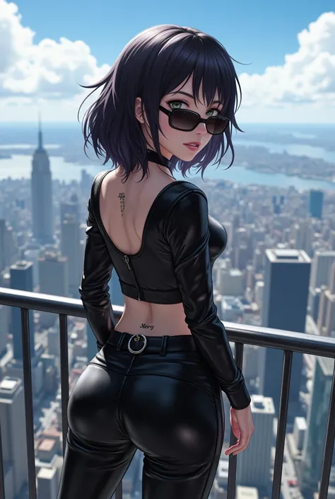 Create anime of an attractive female cyberpunk street gang member wearing black leather, standing on the edge of a skyscraper overlooking New York City. She has dark hair and is looking over her shoulder at the camera with confidence. She wears large sungl...